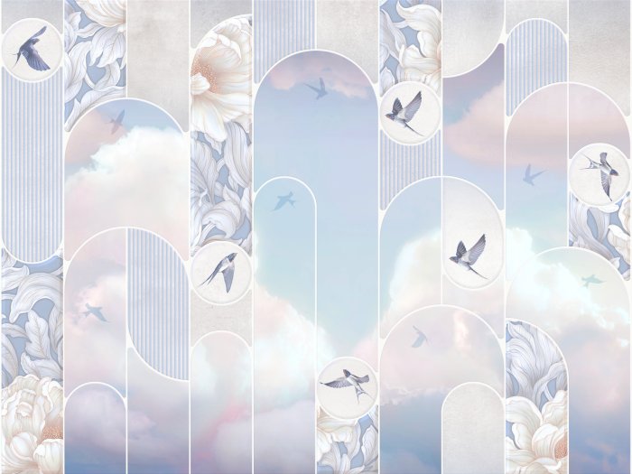 Fotobehang Vogels, wolken en bloemen in geometrische vormenpatroon in pasteltinten