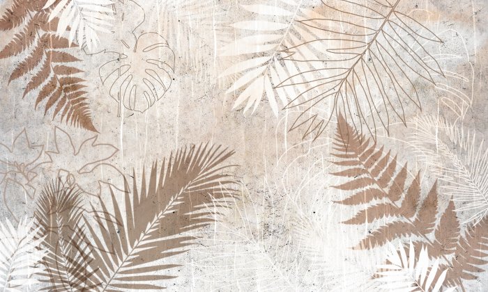 Fotobehang Monstera palm- en varenbladeren op een gestructureerde achtergrond met betoneffect