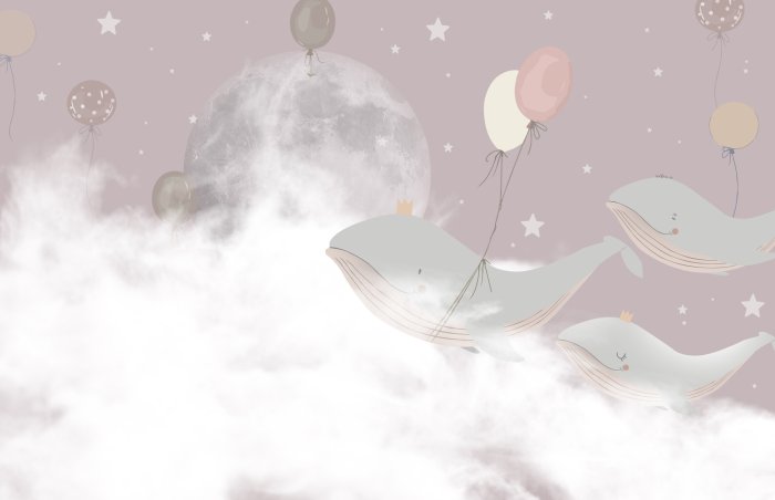 Fotobehang Walvissen met ballonnen tussen de wolken en sterren van de nachtelijke hemel
