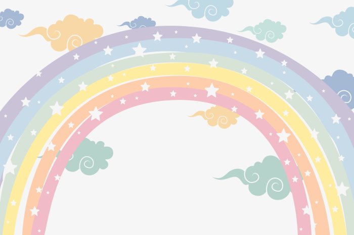 Fotobehang Een kleurrijke regenboog met sterren tussen de wolken