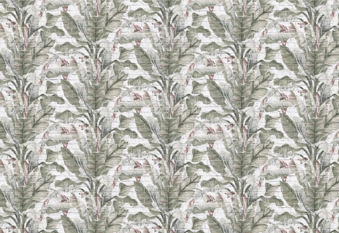 Fotobehang Tropische planten bananenbladeren bakstenen muurdecoratie