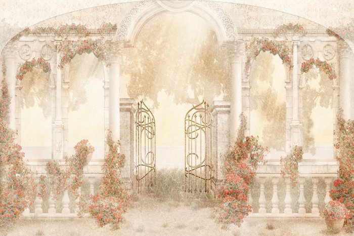 Fotobehang Poort en kolommen architectuur rode bloemen textuur achtergrond