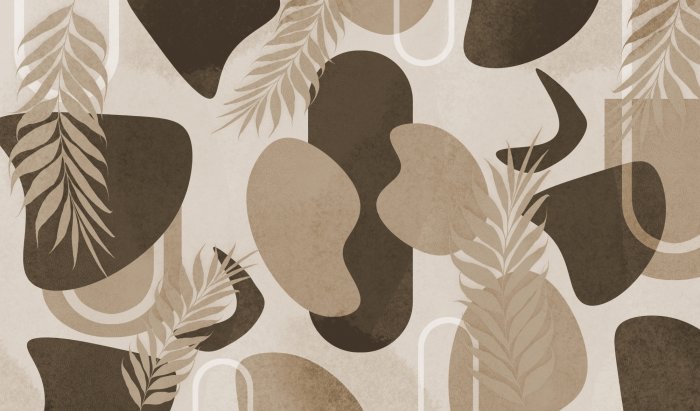 Fotobehang Bladeren en geometrische vormen beige en bruine decoratieve compositie