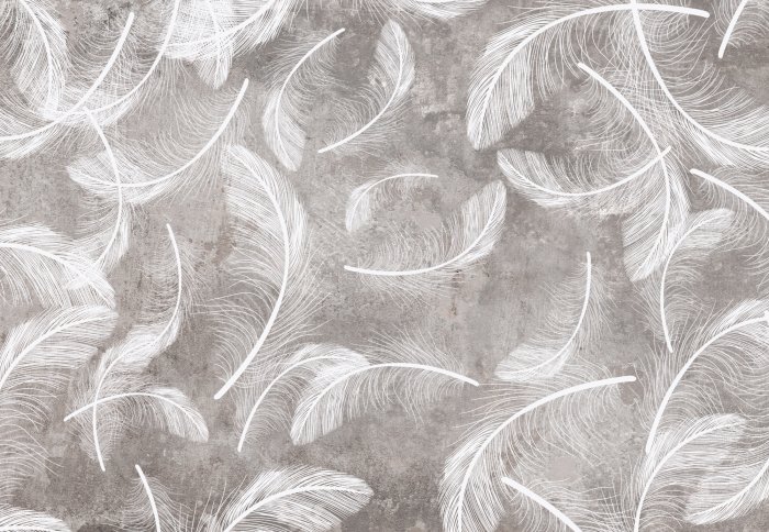 Fotobehang Witte veren op een grijze betonnen achtergrond, loftstijl