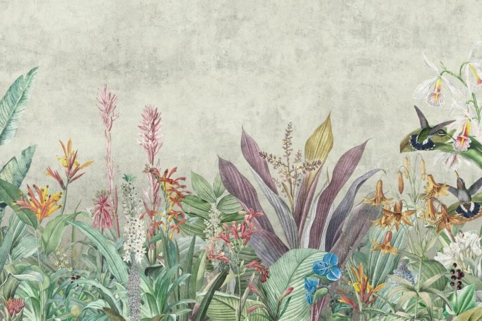 Fotobehang Palmbladeren met vogels op de achtergrond