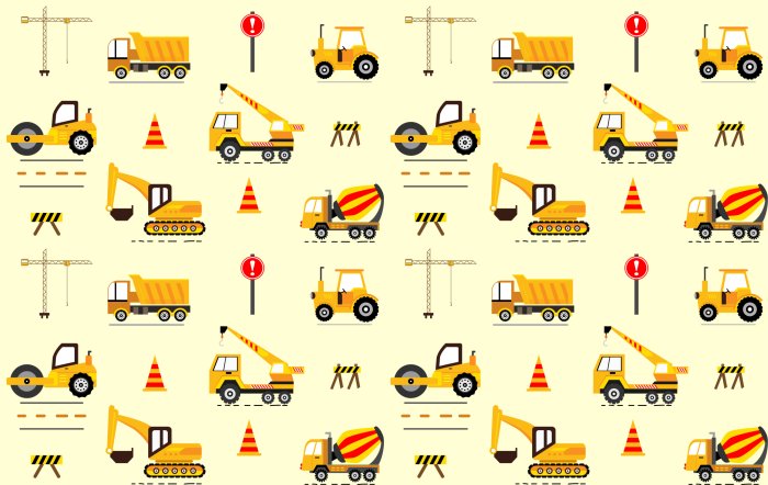 Fotobehang Gele speelgoedauto&#39;s graafmachine kraan kinderpatroon