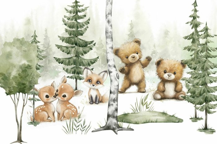 Fotobehang Natuurlijk boslandschap met berenwelpen