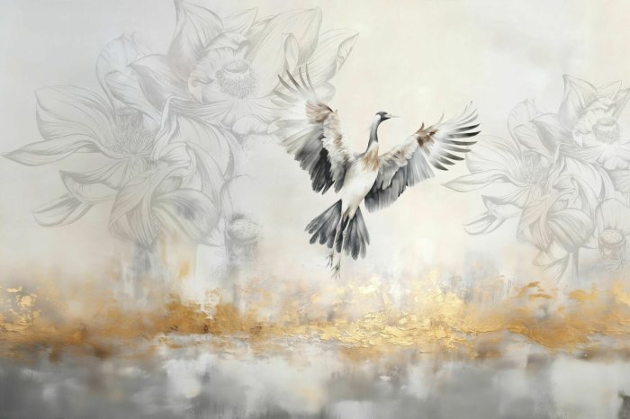 Fotobehang Een vogel in vlucht tegen een achtergrond van groene vegetatie