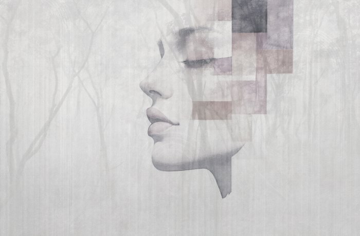 Fotobehang Aquarel abstract portret van een vrouw tegen een achtergrond van bos en natuur