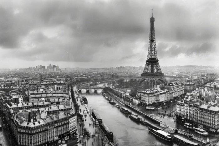 Fotobehang Panorama van Parijs met de Eiffeltoren en de rivier op de achtergrond