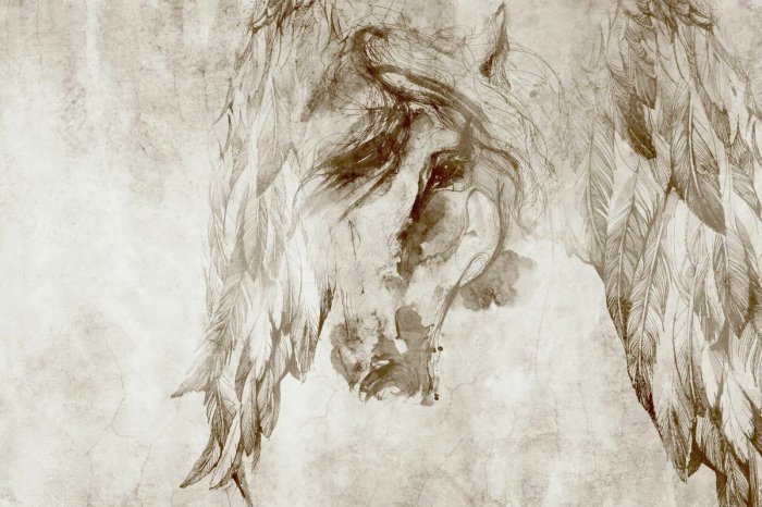 Fotobehang Aquarelportret van een paardenkop met veren in sepia