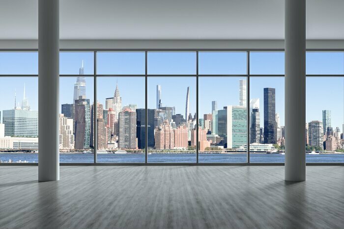 Fotobehang Een raam met uitzicht op Manhattan