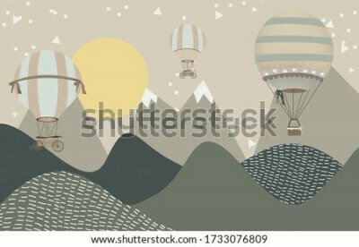 Fotobehang Een minimalistische sprookjesillustratie met ballonnen en bergen