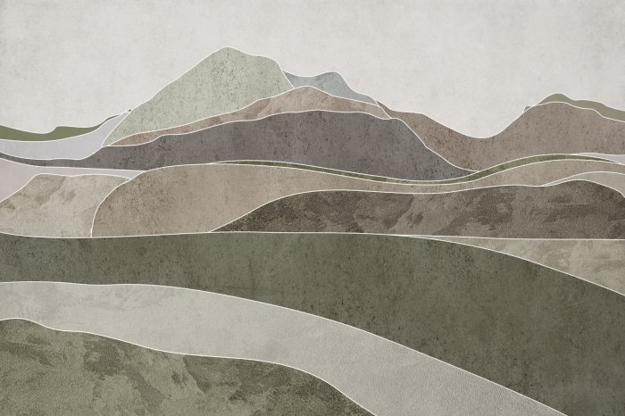 Fotobehang Abstract berglandschap in groene en beige kleuren, minimalistische stijl.