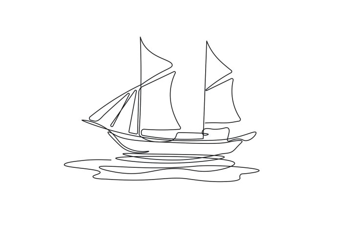 Fotobehang Een minimalistische tekening van een zeilboot op een witte achtergrond
