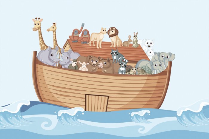 Fotobehang Een boot vol dieren die op de golven wiegen