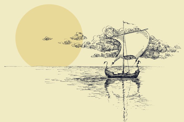 Fotobehang Een delicate tekening van een zeilschip tegen de achtergrond van een schilderachtige zonsondergang.