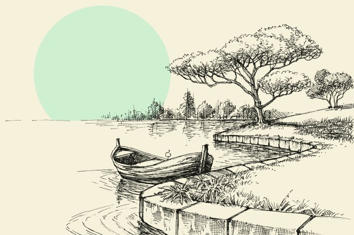 Fotobehang Een boot in het licht van de ondergaande zon met een bos op de achtergrond