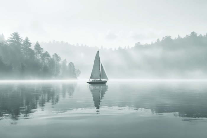 Fotobehang Een mysterieuze zeilboot tegen de achtergrond van mist en een grijs bos.