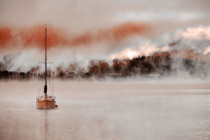 Fotobehang Een zeilboot op kalm water tussen mistige bomen