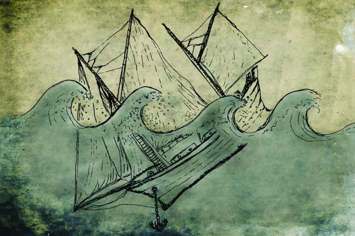 Fotobehang Een zinkend schip te midden van de ruwe zeegolven