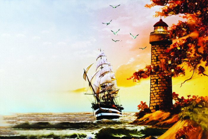 Fotobehang Een klassiek schip met een vuurtoren en golven op de achtergrond.