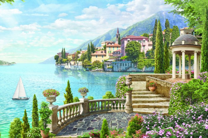 Fotobehang Een schilderachtig landschap met een panorama van bergtoppen