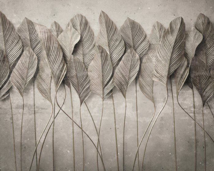 Fotobehang Monochromatische 3D-bladeren op beton