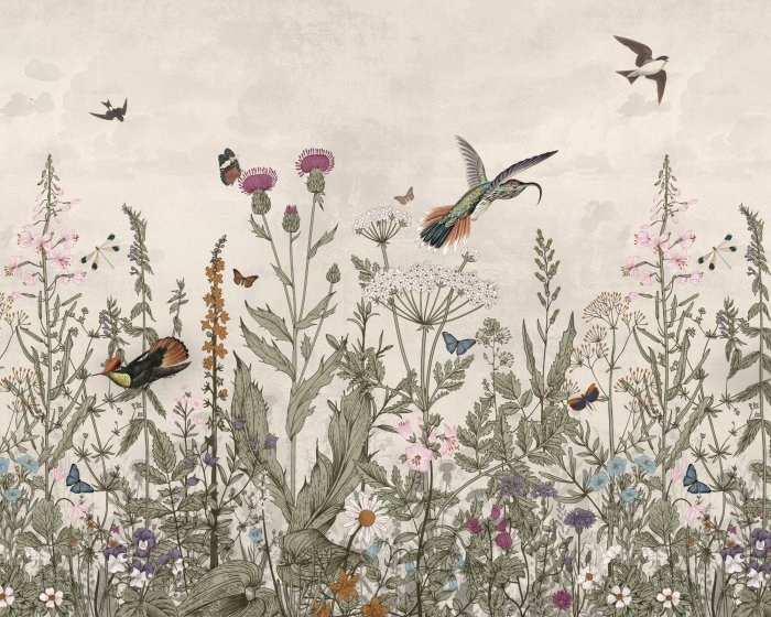 Fotobehang Bloemrijke weide en vogellandschap