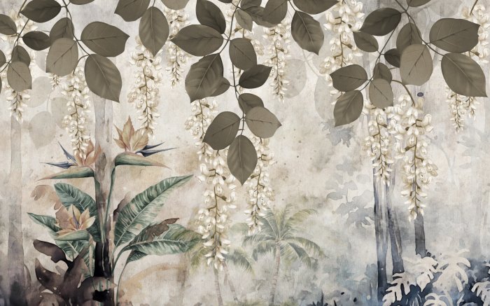 Fotobehang Tropische planten en witte bloemen