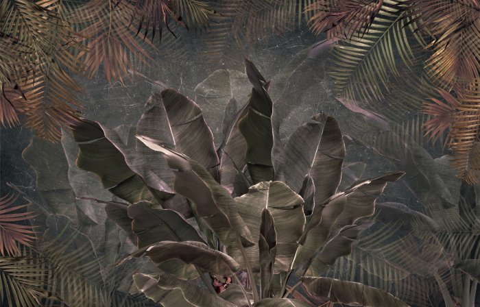 Fotobehang Tropische planten palm- en bananenbladeren