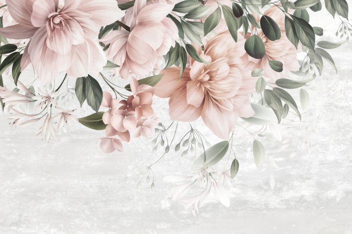 Fotobehang Roze bloemen tussen groene bladeren tegen een betonnen achtergrond