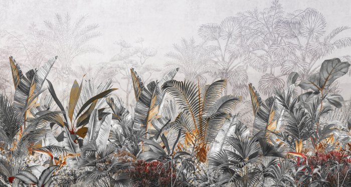 Fotobehang Een patroon met tropische bladeren in tinten grijs en beige.