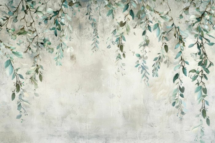 Fotobehang Groene bladeren aan takken hangen erboven