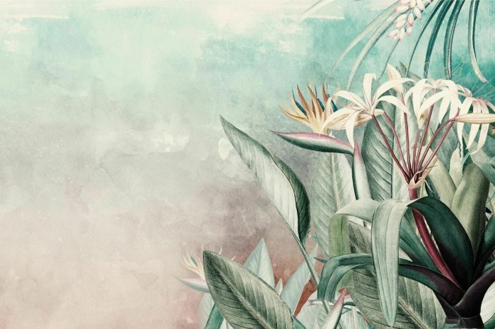 Fotobehang Exotische bladeren en bloemen op een aquarelachtergrond