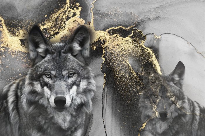 Fotobehang Grijs portret van wolven met gouden ornamenten