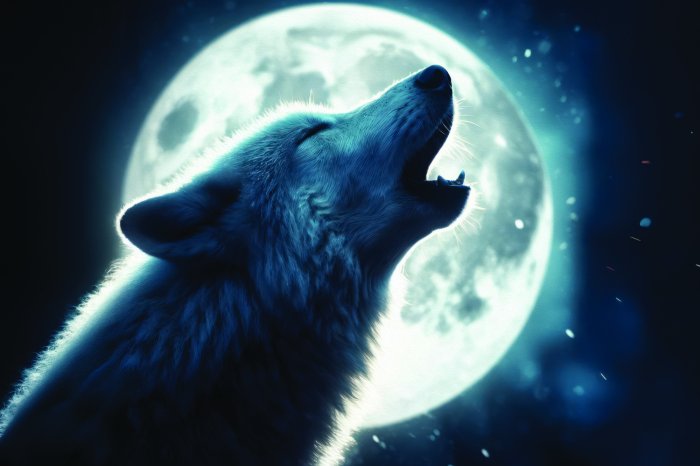 Fotobehang Een wolf huilt bij volle maan op de heuvel
