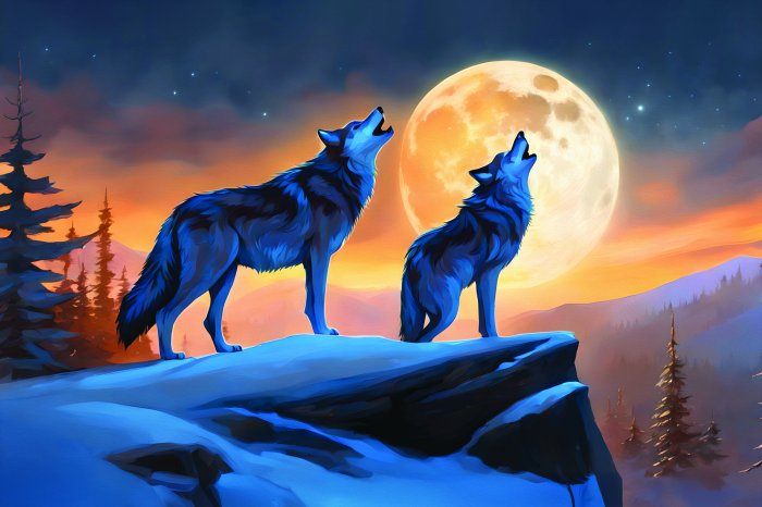 Fotobehang Landschap met wolven tegen de achtergrond van een volle maan