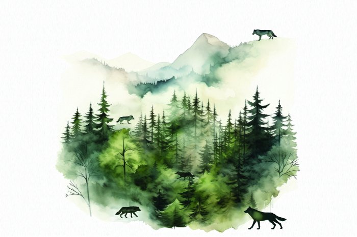 Fotobehang Aquarel schilderij van bergheuvels met bos en wolven