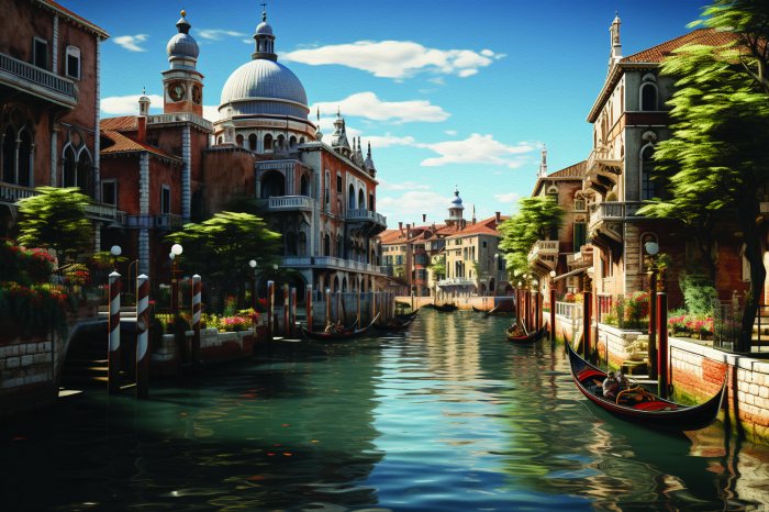 Fotobehang Een Venetiaans kanaal tussen architectonische monumenten