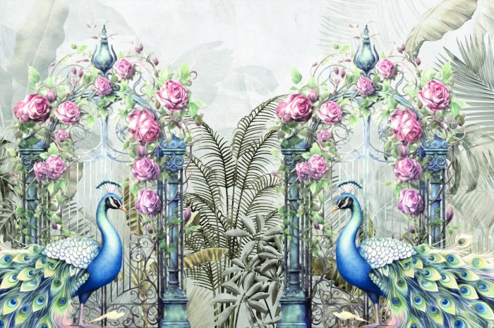 Fotobehang Botanisch rozenpark met majestueuze pauwen