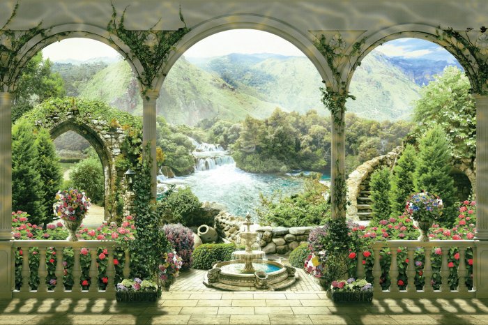 Fotobehang Oude bogen die uitkomen op een sprookjesachtige tuin