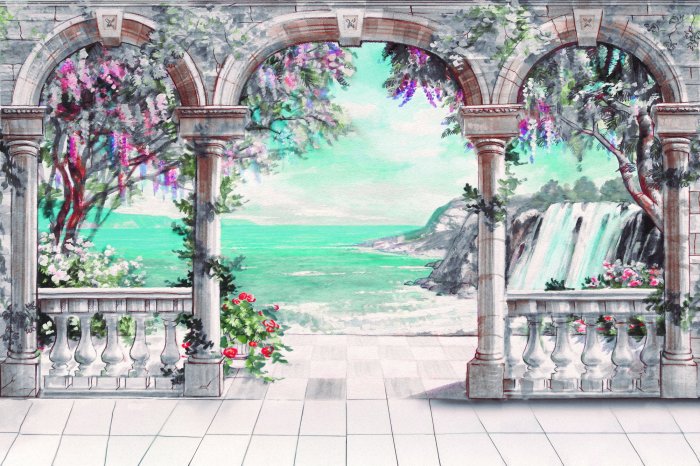 Fotobehang Een charmant terras met planten aan de kust