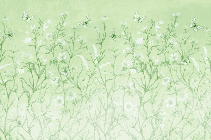 Fotobehang Een groene open plek vol bloemen en dansende vlinders