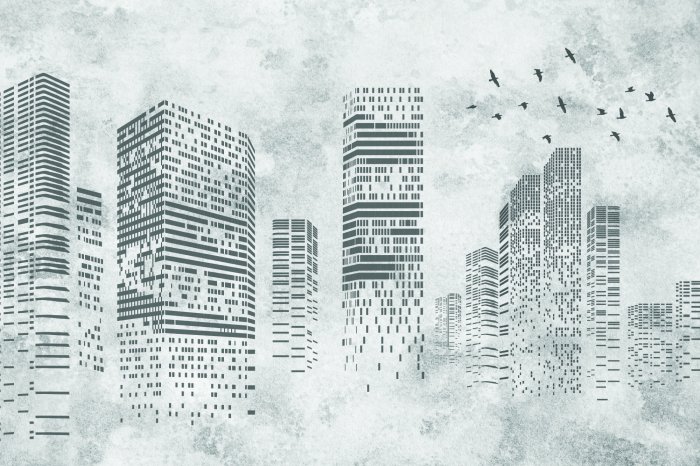 Fotobehang Moderne wolkenkrabbers tegen de achtergrond van betonarchitectuur