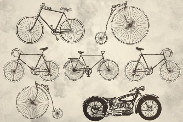 Fotobehang Vintage motorfietsen en retrofietsen op een grijs oppervlak