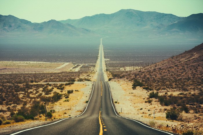 Fotobehang Een asfaltweg die door het woestijngroen snijdt