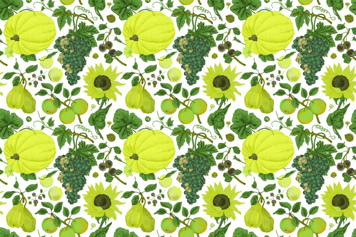 Fotobehang Pompoenen omringd door druiven en zonnebloemen