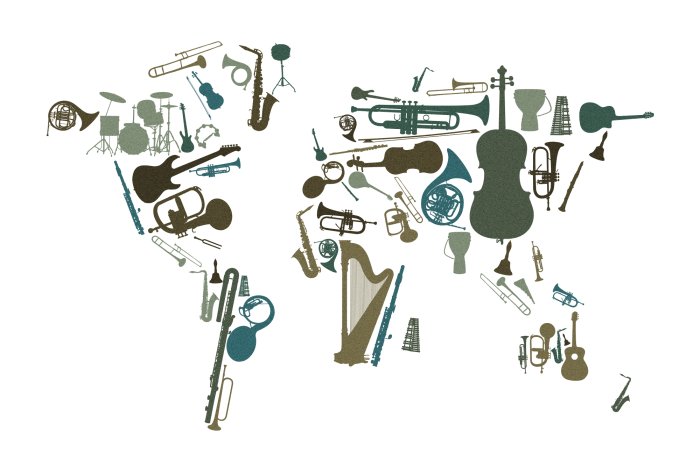 Fotobehang Wereldkaart gemaakt van muziekinstrumenten