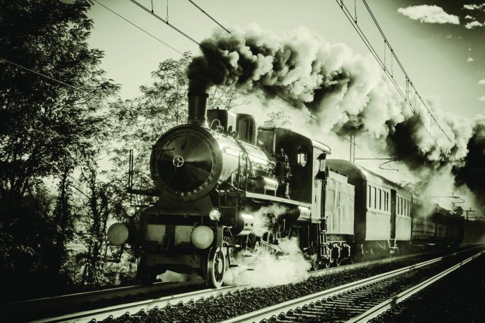 Fotobehang Vintage trein op klassieke spoorlijnen